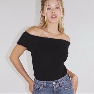 Black Off-the-Shoulder Fuzzy Trim Sweater Top